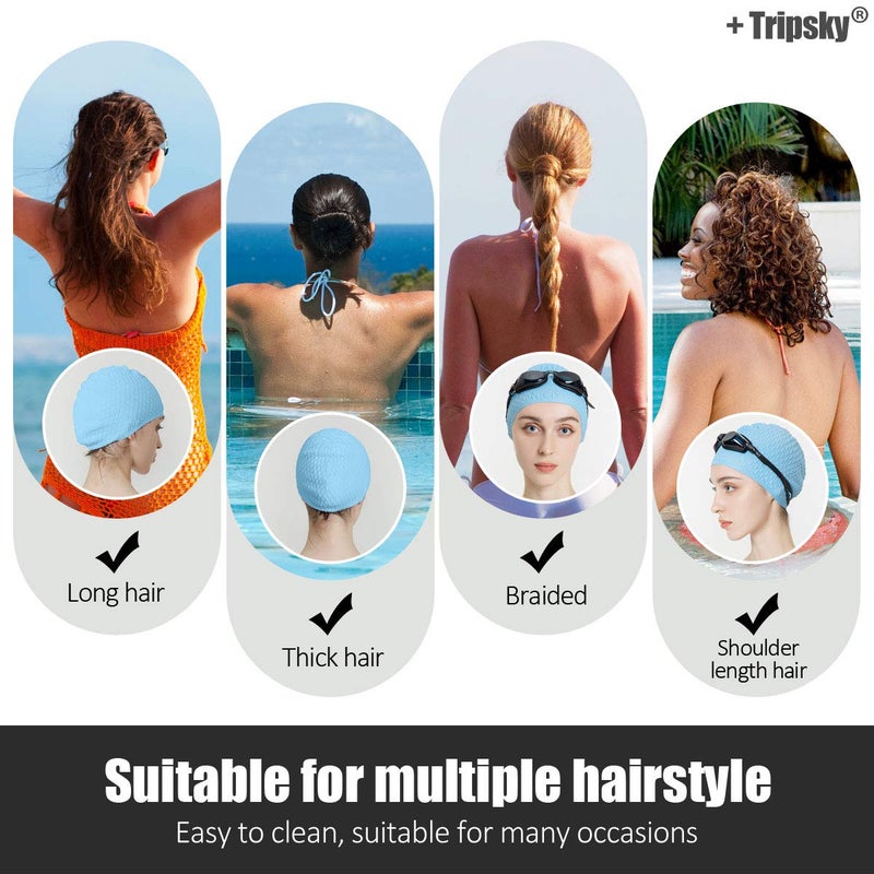 Tripsky Silicone Swim Cap,Comfortable Bathing Cap Ideal for Curly Short Medium Long Hair, Swimming Cap for Women and Men, Shower Caps Keep Hairstyle Unchanged (Blue) - Image 3